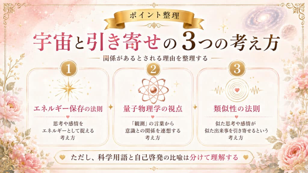 宇宙と引き寄せの法則が関連づけられるエネルギー保存と量子物理学と類似性の3つの考え方を示した図解