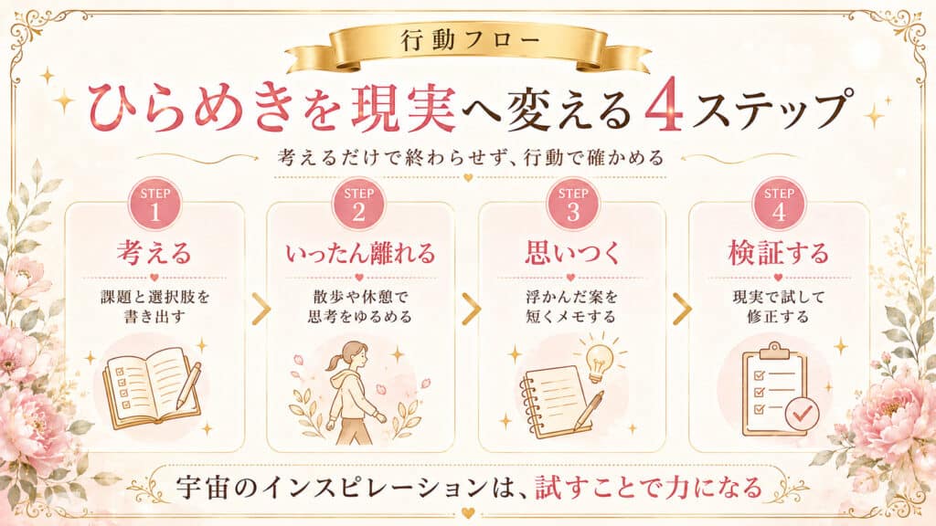 考える、離れる、思いつく、検証するの順番でインスピレーションを現実へ変える4ステップの図解
