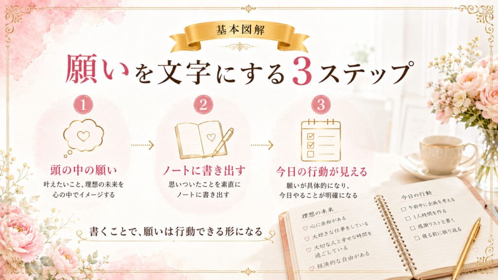 願いを文字にして行動へつなげる3ステップを示した図解