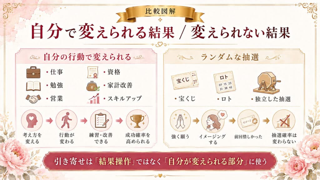 自分で変えられる結果と宝くじのようなランダムな抽選の違いを比較した図解
