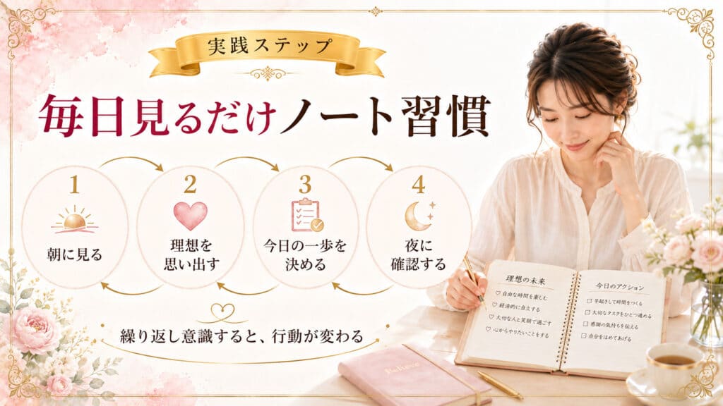 毎日ノートを見返して潜在意識に目標を刷り込む習慣の実践ステップ図解