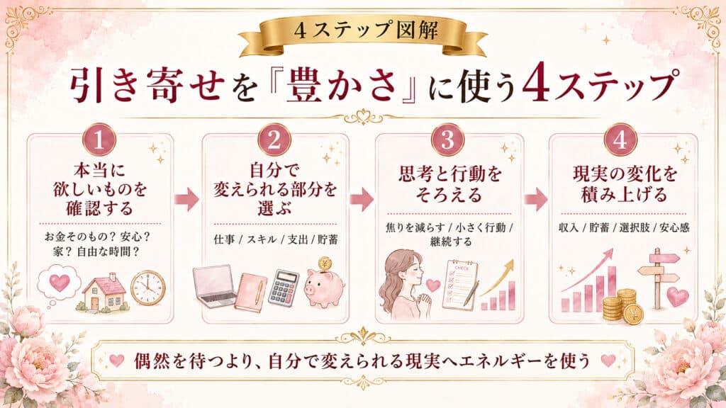 現実的に豊かさを引き寄せるための行動ステップを4段階でまとめた図解