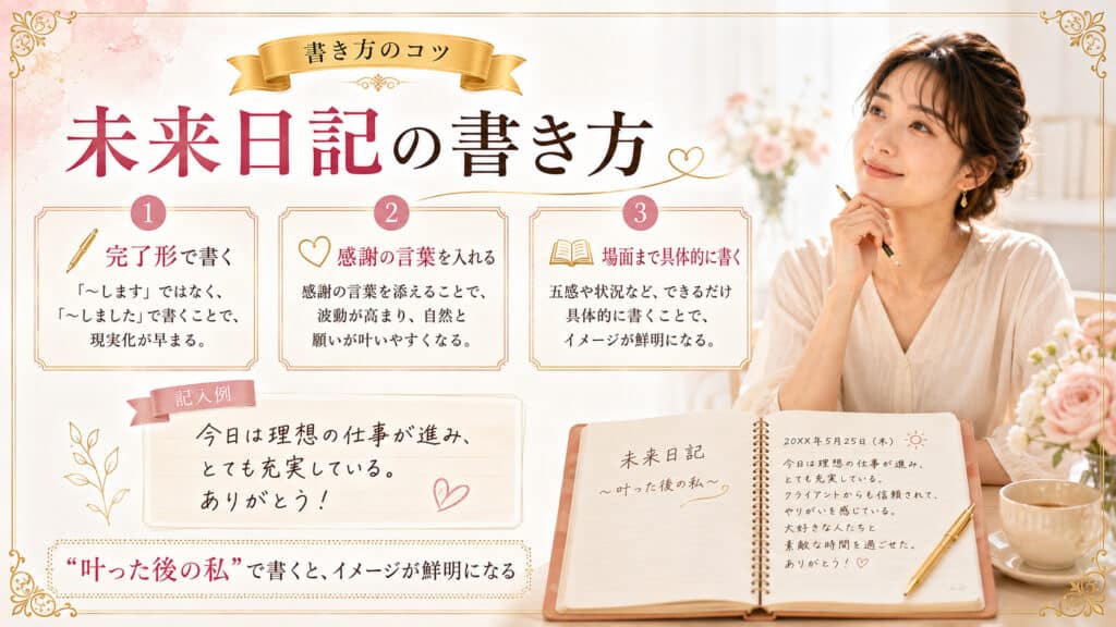 完了形と感謝で未来日記を書く方法を示した図解
