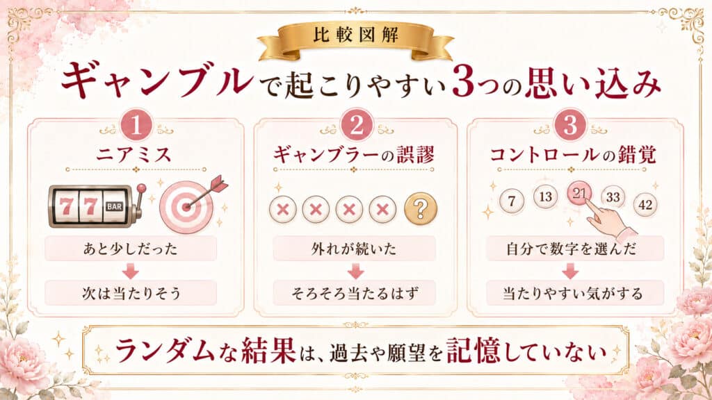 ギャンブルで起こりやすい思い込みや認知の偏りを整理した比較図解