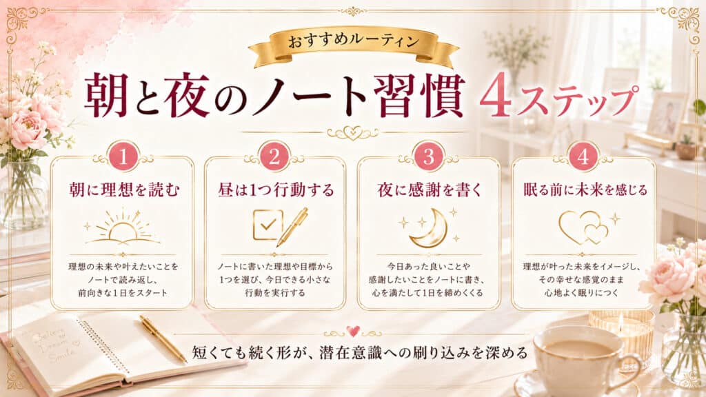 朝と夜に行う引き寄せノート習慣の4ステップ図解
