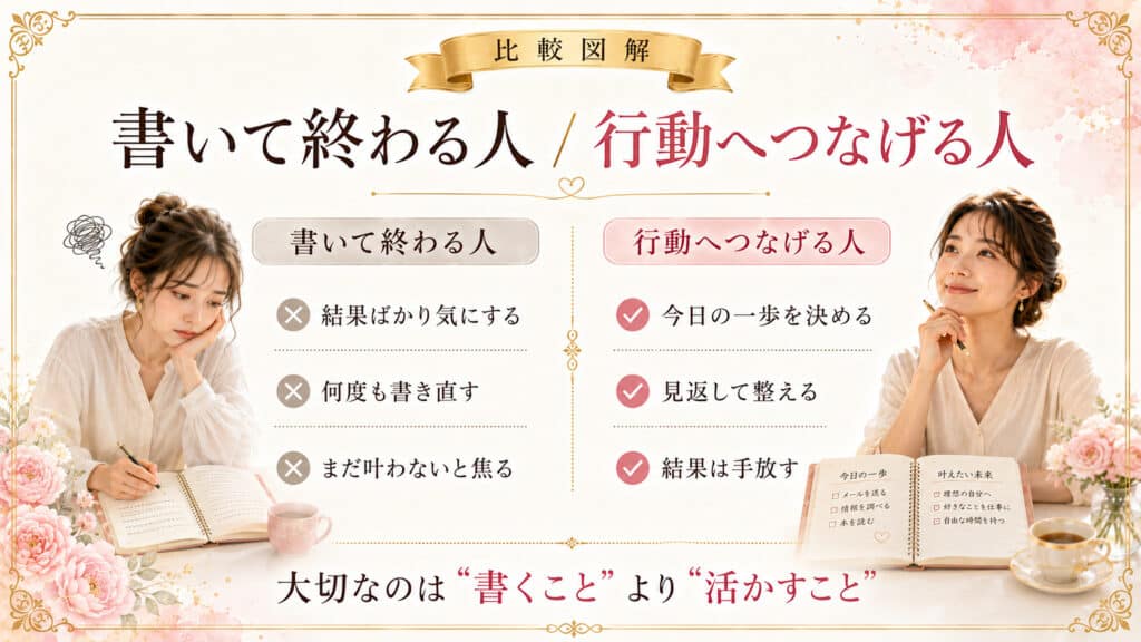 ノートに書いて終わる人と行動へつなげる人の違いを比較した図解