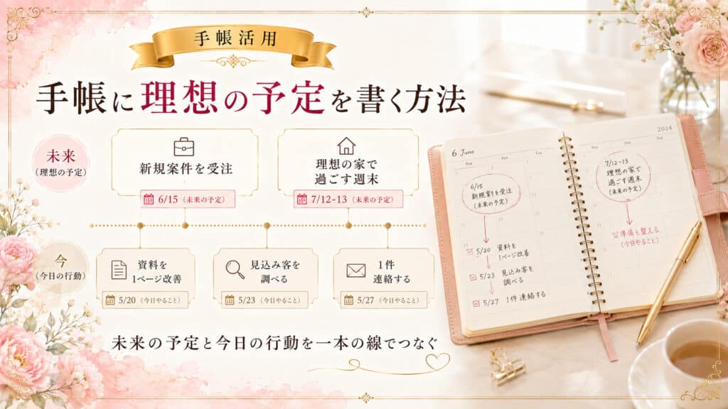 手帳に理想の予定と今日の行動を書き込む方法を示した図解