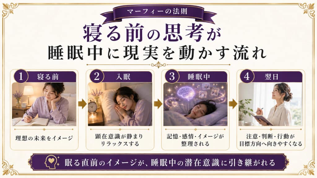 寝る前の思考が睡眠中の潜在意識に引き継がれ翌日の現実を動かす流れを示した図解