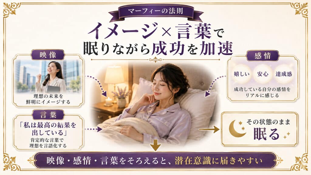 理想のイメージとアファメーションを使って眠りながら成功を加速する方法を示した図解