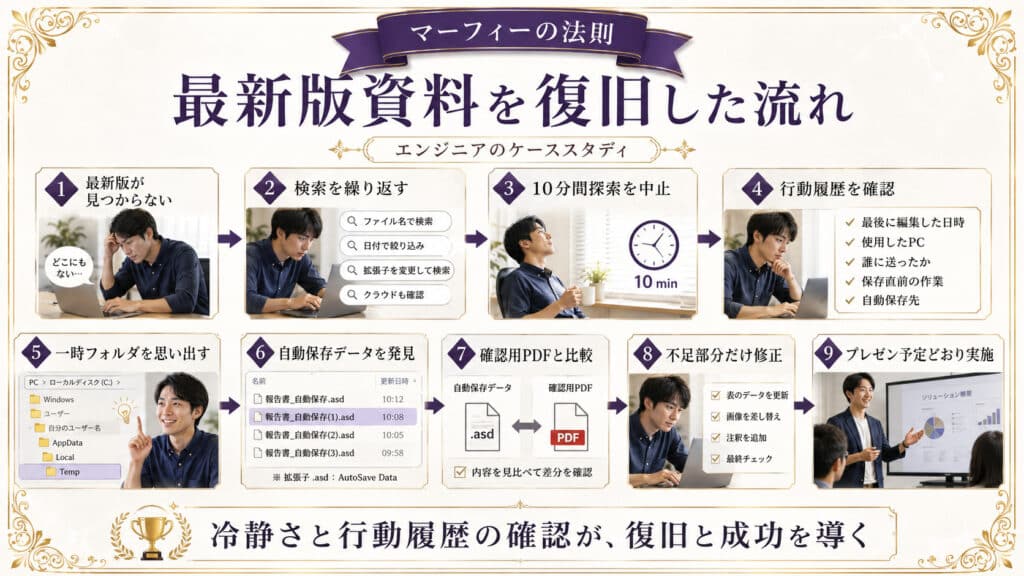 最新版資料が見つからないトラブルから復旧までの流れを示した図解