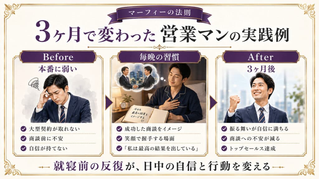 寝る前の実践を続けて3ヶ月で変化した営業マンの成功事例を示した図解