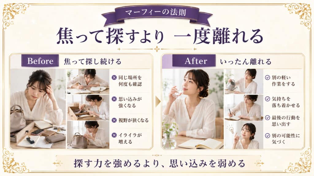 焦って探し続ける状態と一度離れて落ち着く状態の違いを比較した図解