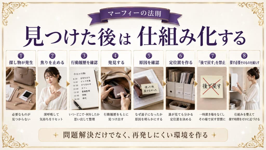 探し物を見つけた後に再発防止の仕組みを作る流れを示した図解