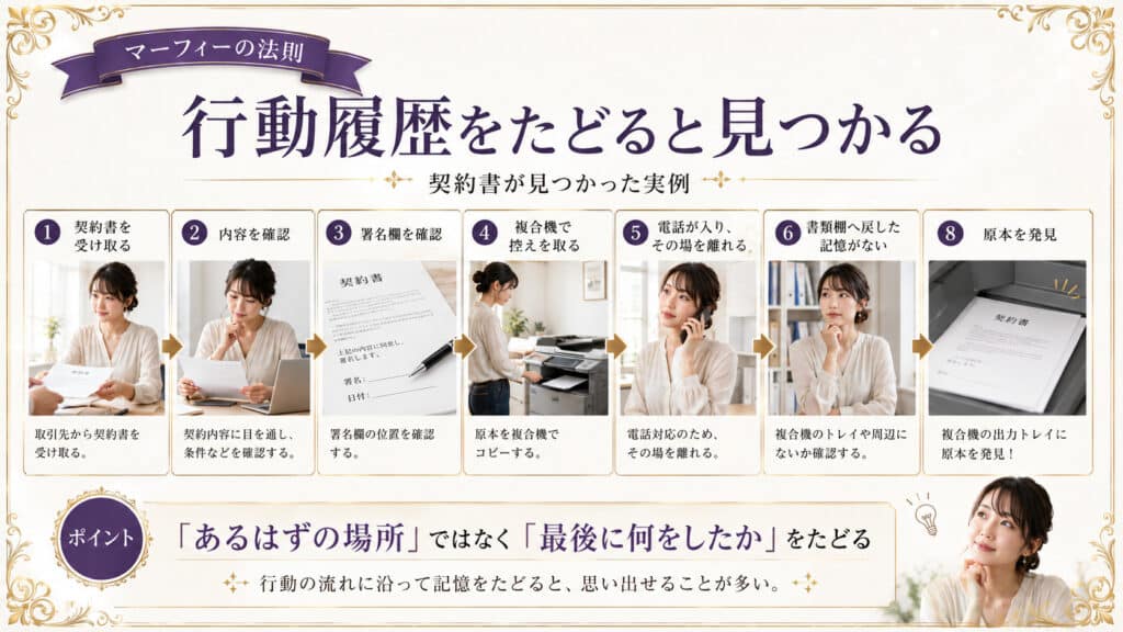 契約書が見つかった実例をもとに行動履歴をたどる流れを示した図解