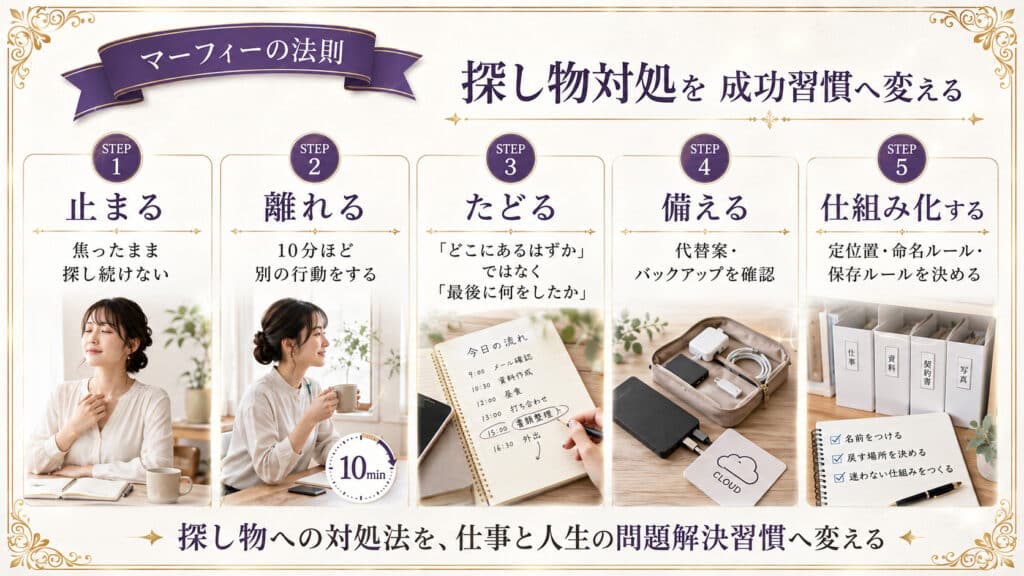 探し物への対処法を仕事と人生の成功習慣へ変える5ステップを示した図解