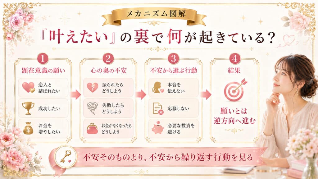 逆引き寄せの法則という誤解を整理し、本来の法則の仕組みを説明した図解