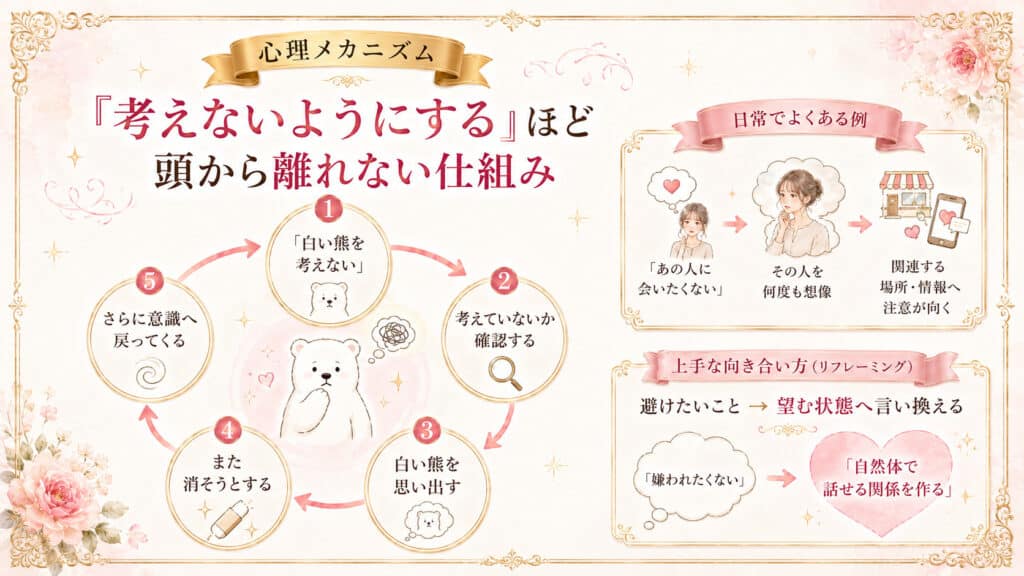 シロクマ実験のように考えないほど意識してしまう心理メカニズムを説明した図解