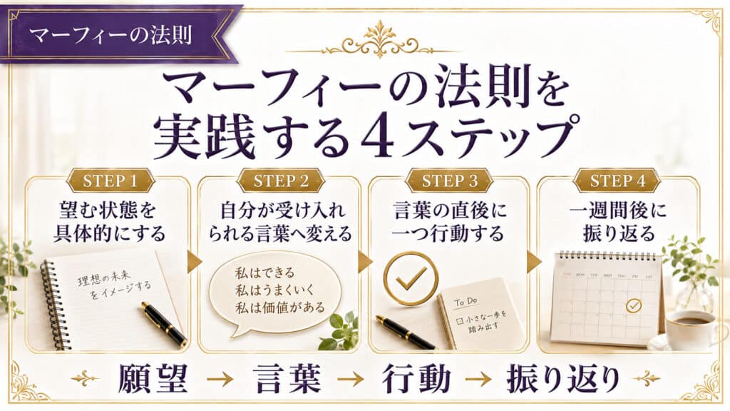 マーフィーの法則を実践する4ステップを示した図解