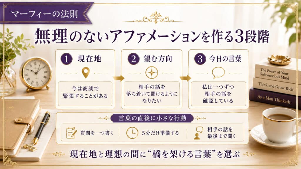 無理のないアファメーションを作る3段階を示した図解