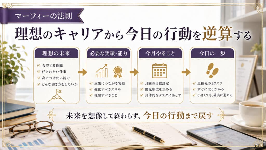 理想のキャリアから今日の行動を逆算する流れを示した図解