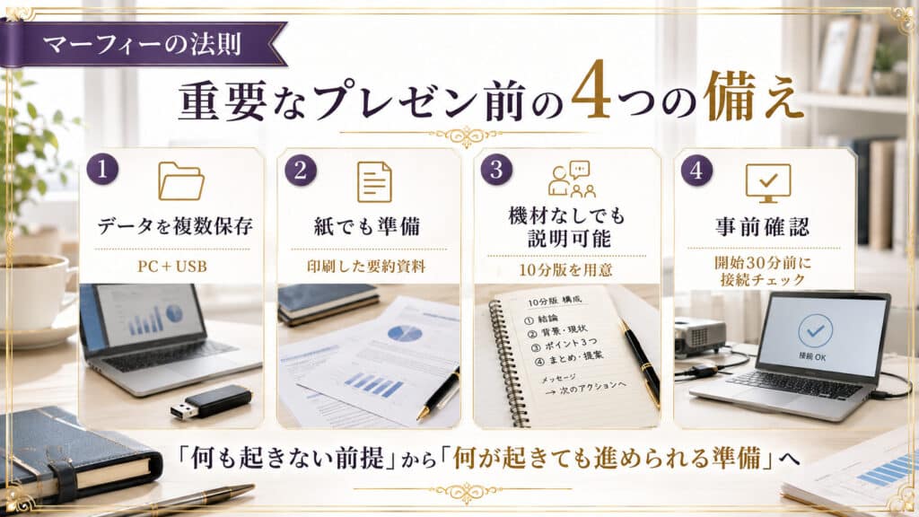 重要なプレゼン前に備える4つの準備を示した図解