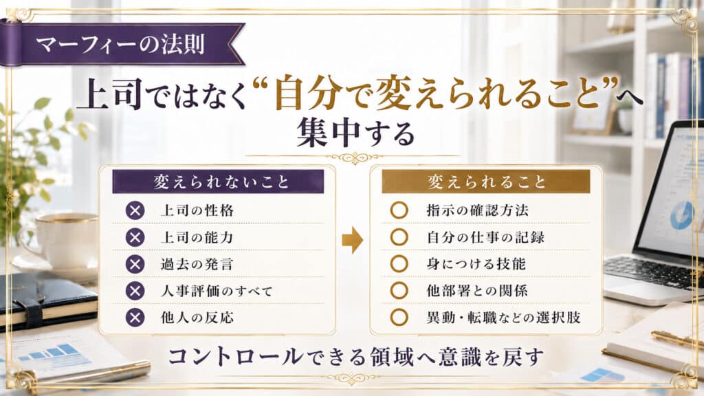 上司を変えずに自分を守る5ステップを示した図解