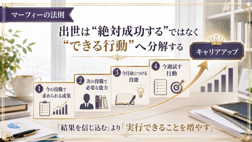 出世はできる行動へ分解するという自己効力感の考え方を示した図解