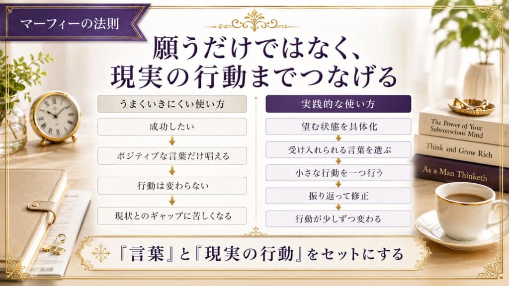 願うだけでなく現実の行動までつなげる実践的な使い方の比較図
