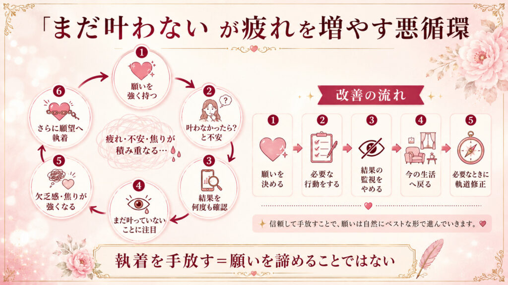 まだ叶わないという不安から結果確認と欠乏感が強まり執着へ戻る悪循環を示した図解