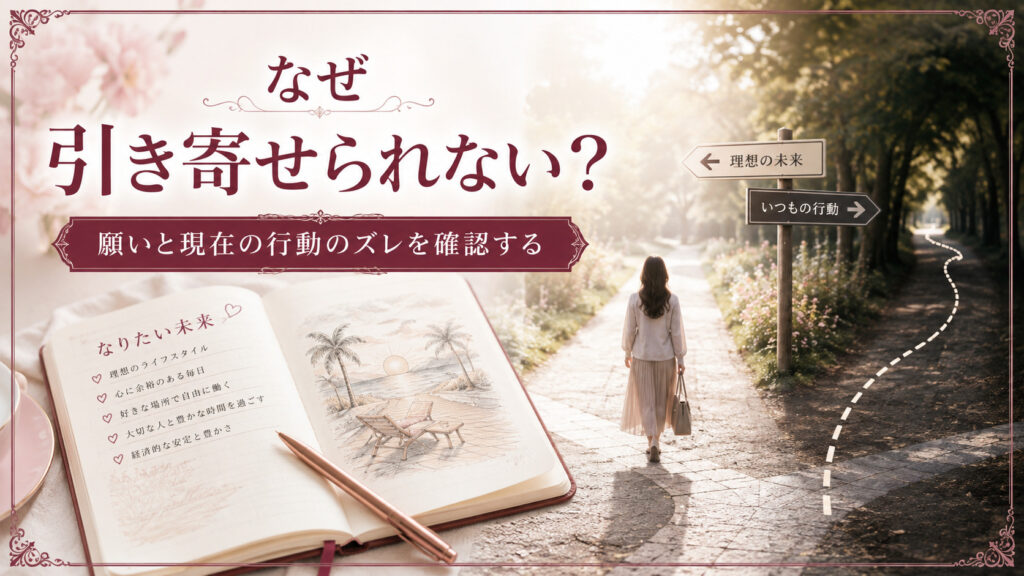 引き寄せで理想の未来を願いながら現在の行動が別方向へ進んでいるズレを表したアイキャッチ