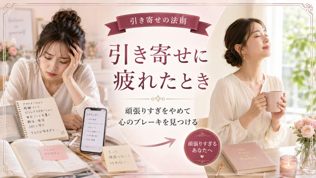 引き寄せの法則に疲れたときに頑張りすぎをやめて心のブレーキを見つける考え方を表したアイキャッチ