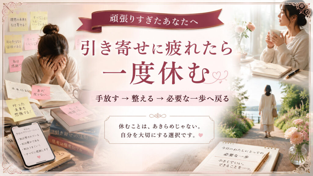 引き寄せに疲れたときに一度休み手放して心を整え必要な一歩へ戻ることを表したアイキャッチ