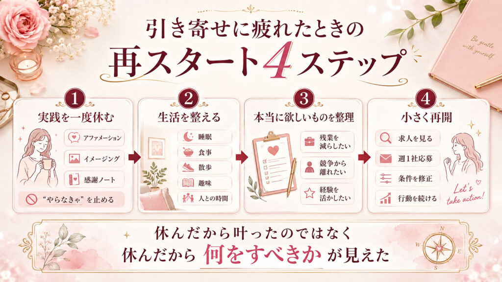 引き寄せに疲れたときに実践を休み生活を整えて本当の願いを整理し小さく再開する4ステップ図解