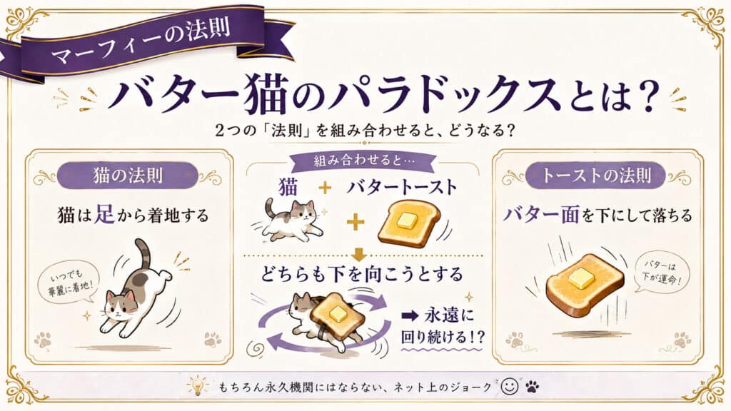 バター猫のパラドックスを猫の法則とトーストの法則で説明した図解