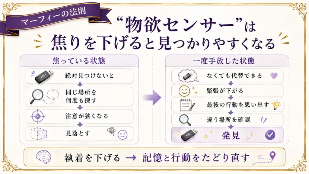 物欲センサーは焦りを下げると見つかりやすくなる仕組みを示した図解