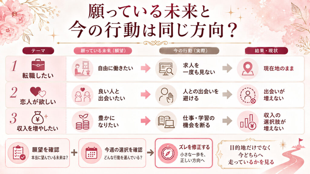 転職や恋愛や収入の願望と現在選んでいる行動が同じ方向かを比較した図解