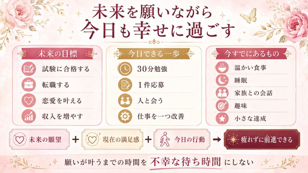 未来の願望と今日できる行動と今すでにある幸せを両立して疲れず前進する方法を示した図解