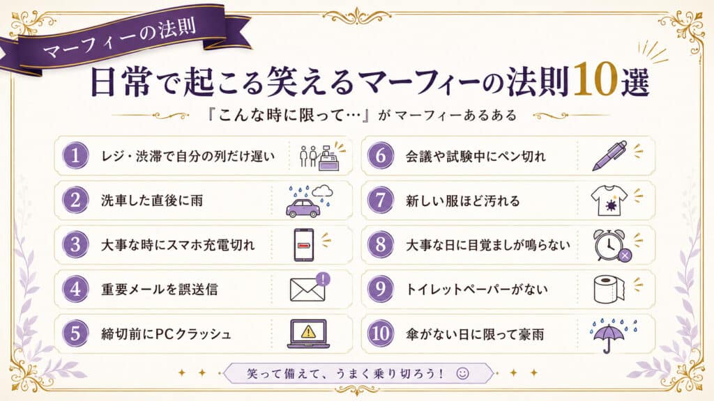 日常で起こる笑えるマーフィーの法則10選を一覧でまとめた図解
