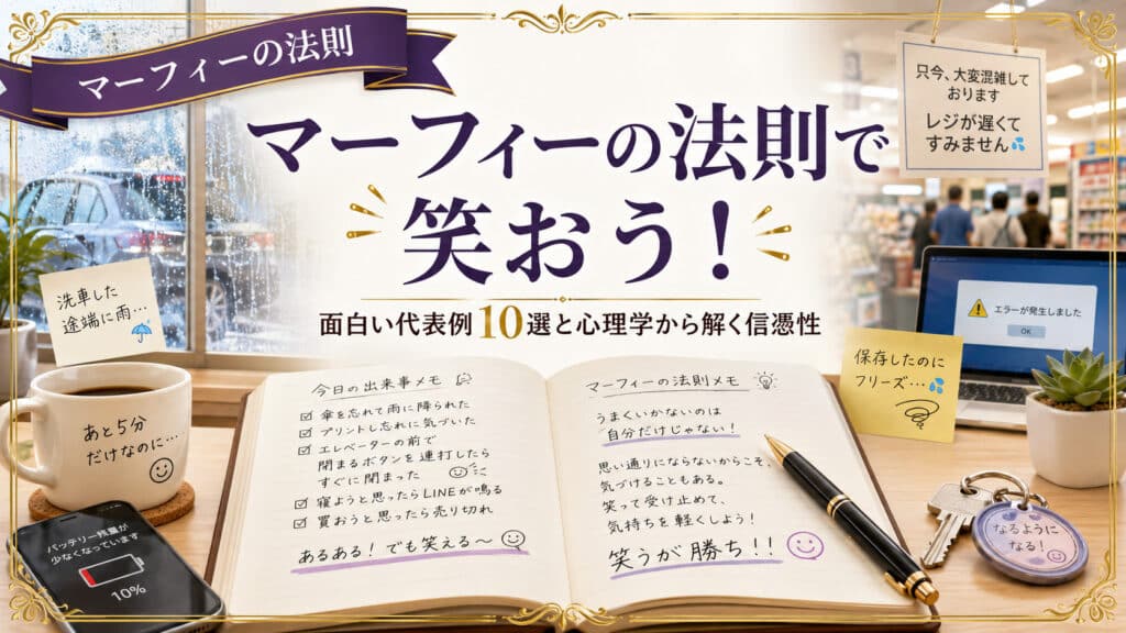マーフィーの法則の笑える代表例と心理学的な理由を示した記事アイキャッチ