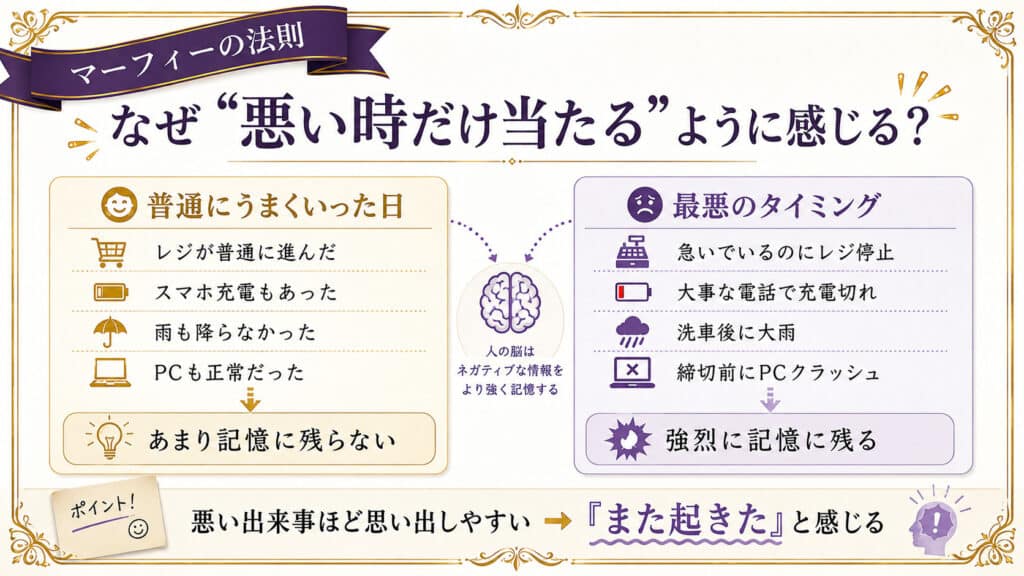 悪い時だけマーフィーの法則が当たるように感じる理由を記憶の偏りで示した図解