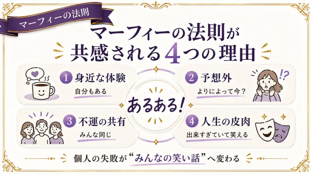 マーフィーの法則が面白くて共感される4つの理由を整理した図解