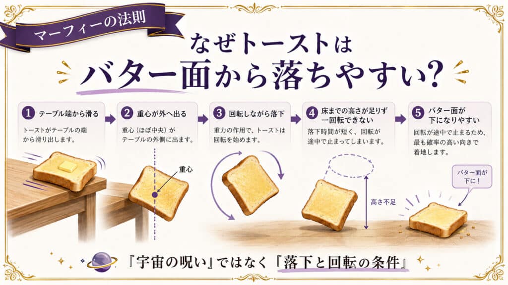 トーストがバター面から落ちやすい理由を5ステップで解説した図解