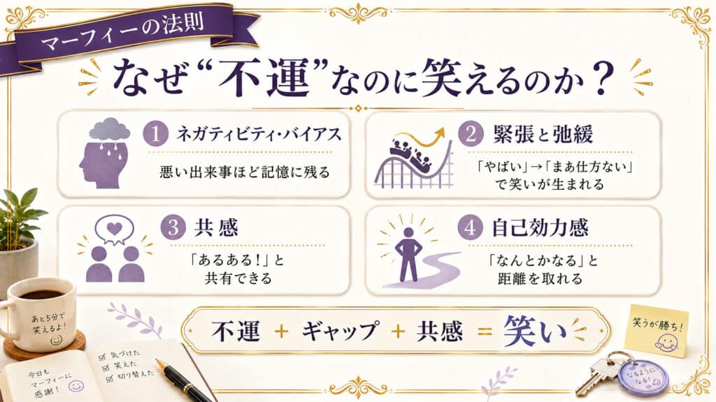 不運なのに笑える理由を4つの心理学要因で整理した図解