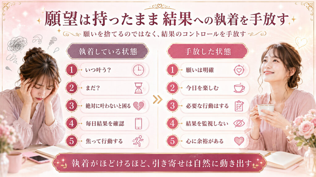 願望は持ちながら結果への執着を手放す状態と執着している状態を比較した図解