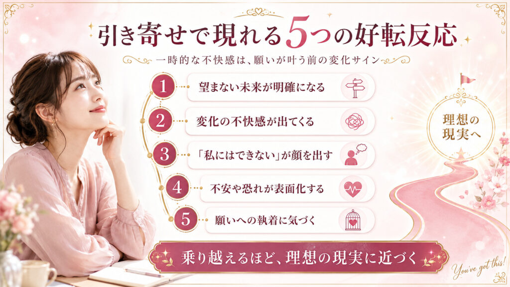 引き寄せで現れる5つの好転反応と理想の現実へ進む流れを示した図解