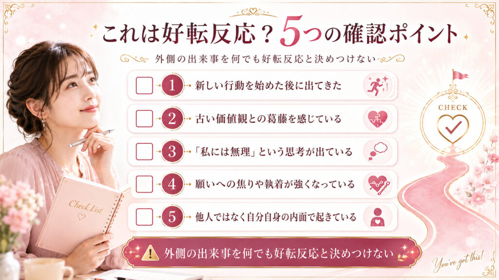 今感じている不快感が引き寄せの好転反応かを判断する5つの確認ポイントを示したチェック図