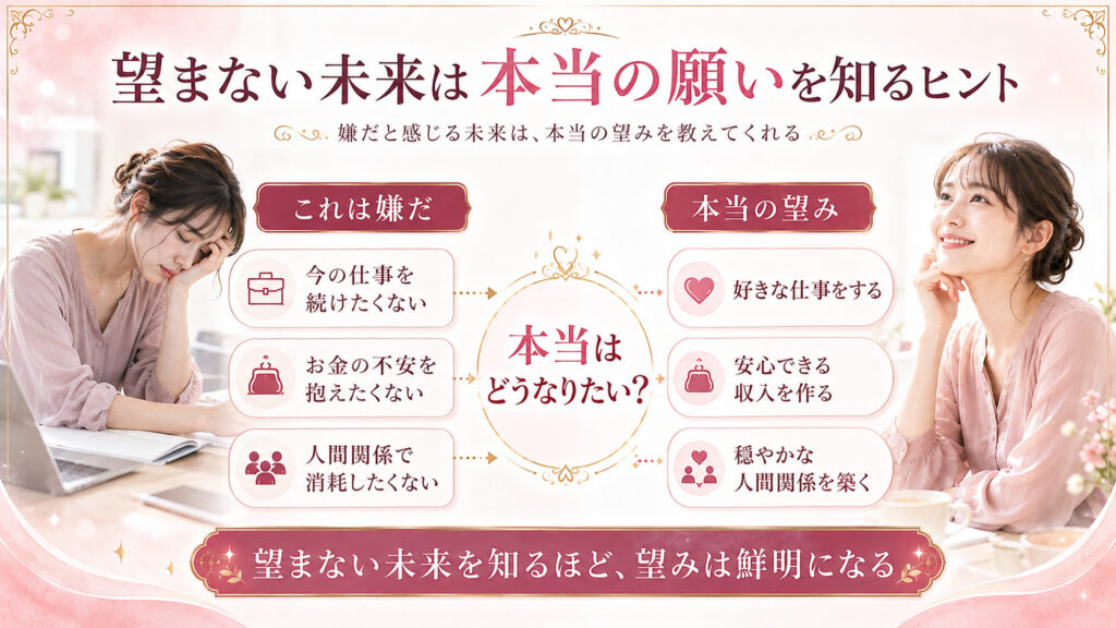 望まない未来を明確にすることで本当に望む未来を見つける流れを示した図解