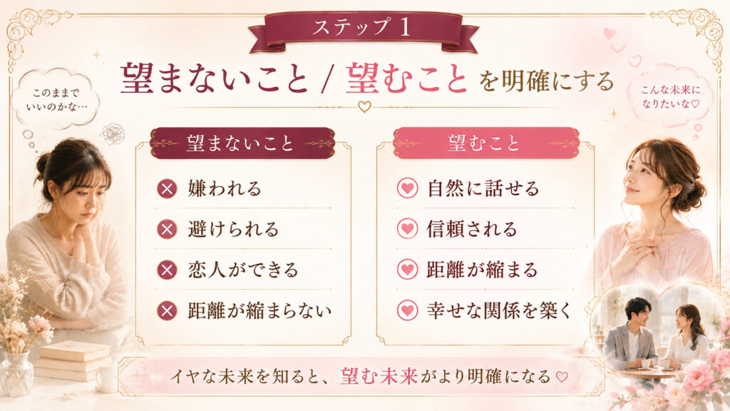 恋愛で望まない未来と望む未来を整理して願望を明確にするステップ1の図解