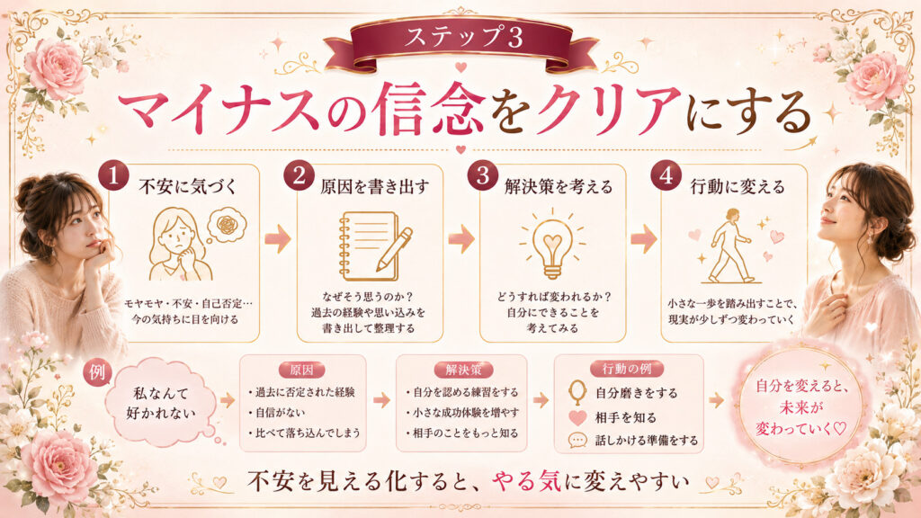 恋愛の不安や自己否定の原因を見つけて解決策と行動へ変えるステップ3の図解