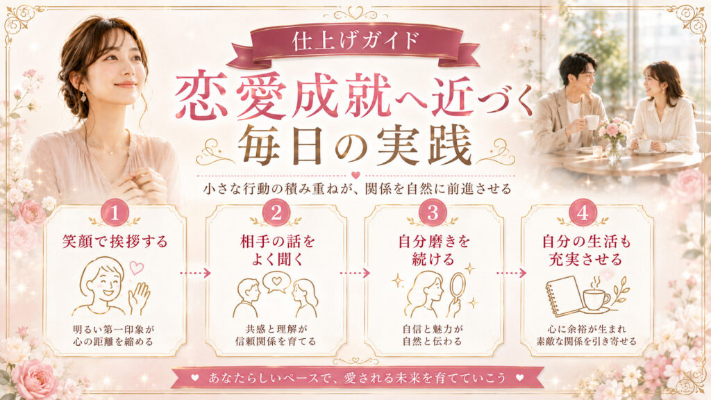 笑顔や会話や自分磨きなど恋愛成就へ近づくために毎日実践する行動をまとめた図解